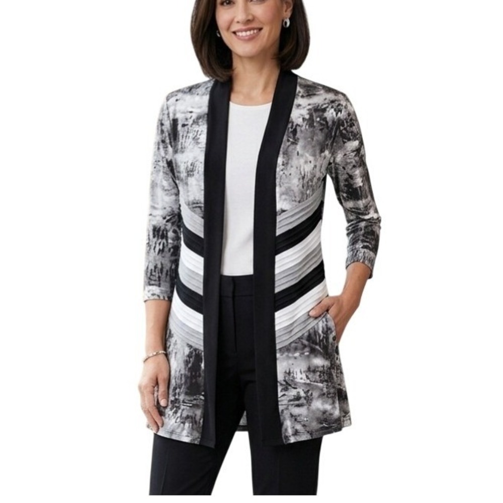 Vivian Wong Cardigan Black Gray White Abstract Art‎ To Wear Layering Top Medium